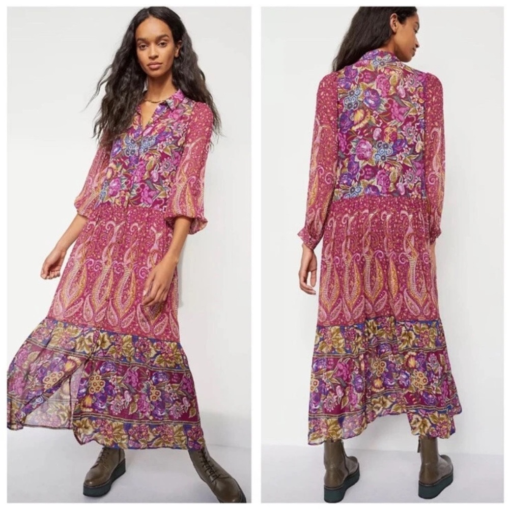 Anthropologie Nikole boho floral Maxi Shirtdress Sheer SIZE L